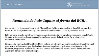 Renunció Luis Caputo al Banco Central